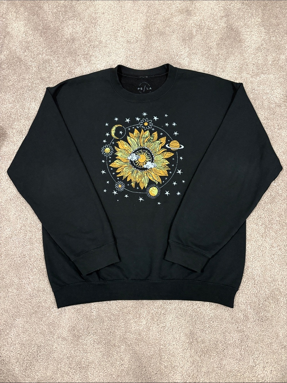 PacSun Black Crewneck with Yellow Sunflower & Celestial Graphic